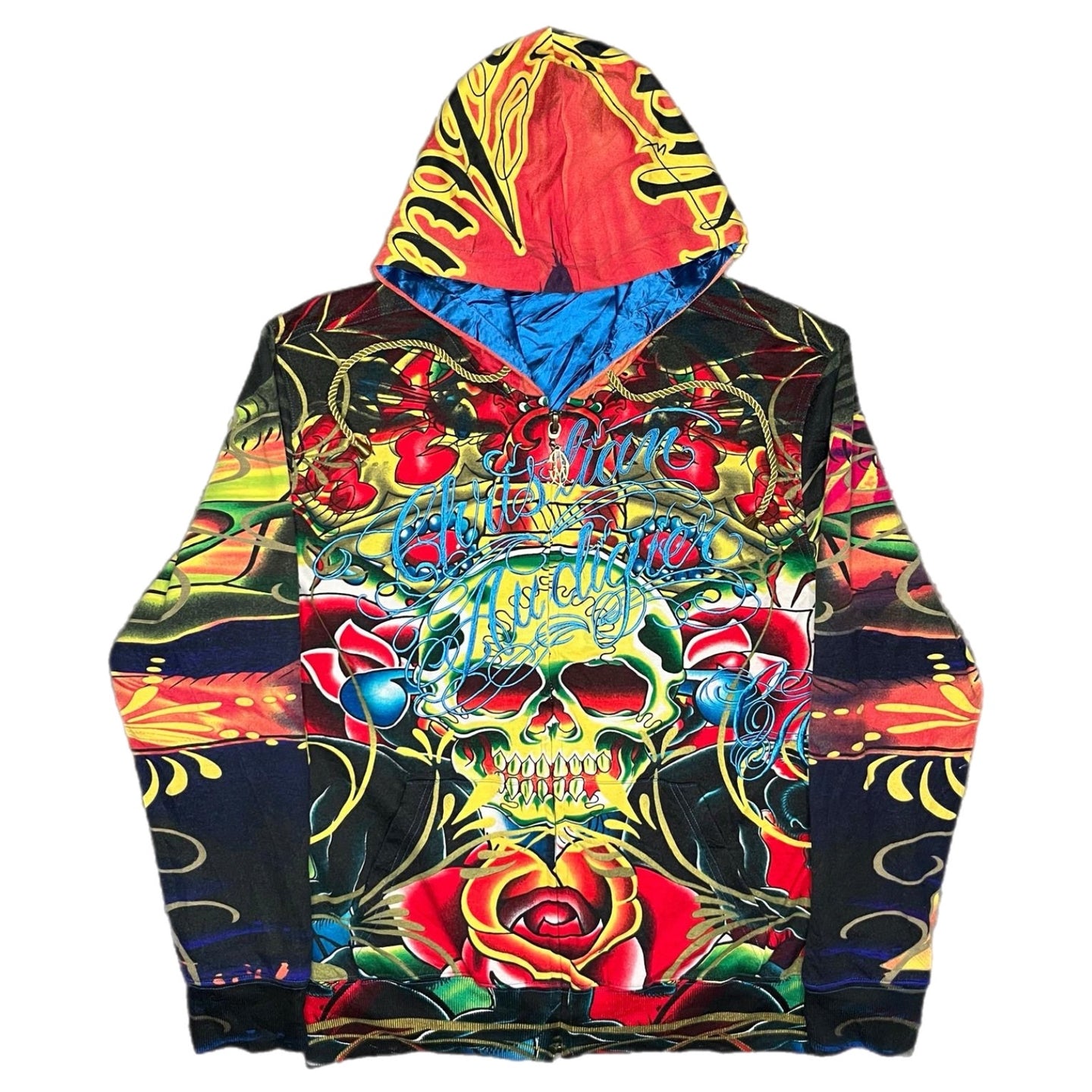 Christian Audigier Multicoloured Skull Y2K Vintage 2000s Tattoo Style Hoodie, M