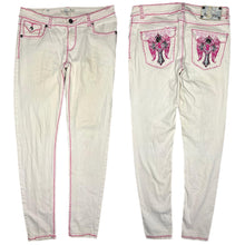 Load image into Gallery viewer, Raw Blue Y2K Pink Embroidered Angel Wing Gothic Cross Skinny 2000s Jeans, Size S
