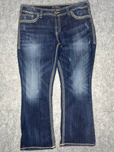 Load image into Gallery viewer, Y2K Flared Silver Jeans Blue Embroidered Contrast Stitch Miss Me Style W38 / L29
