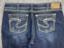 Load image into Gallery viewer, Y2K Flared Silver Jeans Blue Embroidered Contrast Stitch Miss Me Style W38 / L29
