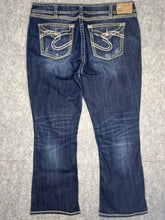 Load image into Gallery viewer, Y2K Flared Silver Jeans Blue Embroidered Contrast Stitch Miss Me Style W38 / L29
