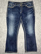 Load image into Gallery viewer, Y2K Flared Silver Jeans Blue Embroidered Contrast Stitch Miss Me Style W38 / L29
