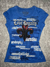 Load image into Gallery viewer, Y2K Grunge Rocker Girl Fleur De Lis Blue Punk Top, Size XL
