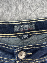 Load image into Gallery viewer, Y2K Flared Silver Jeans Blue Embroidered Contrast Stitch Miss Me Style W38 / L29
