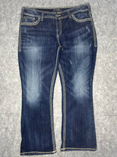 Load image into Gallery viewer, Y2K Flared Silver Jeans Blue Embroidered Contrast Stitch Miss Me Style W38 / L29
